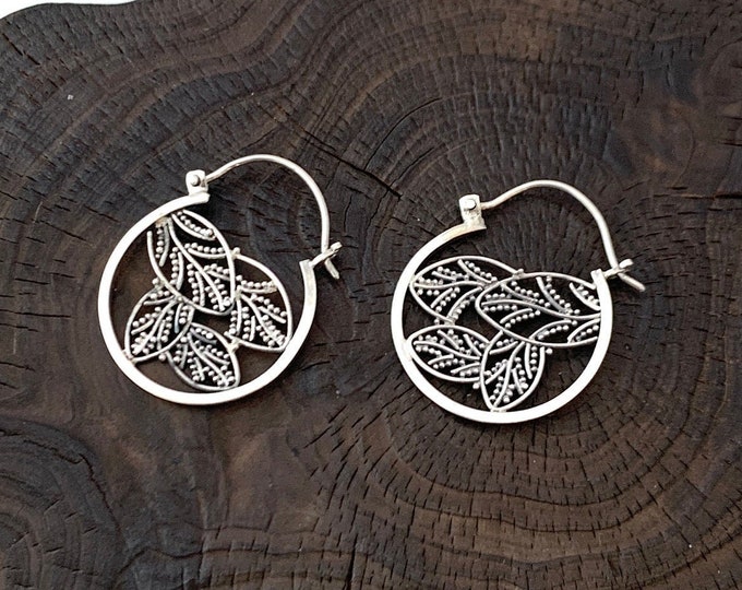 Silver Leaf Motif Earrings, Filigree Leaf Earrings, Round Hoop Earrings, Silver Hoop, Leaf Hoop Earrings