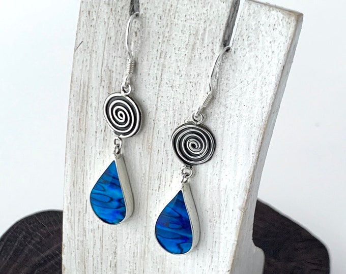 Blue Paua Shell Earring, Sterling Silver Teardrop Earrings, Silver Blue Earrings, Original Earrings, Blue Abalone,Silver Blue Shell Earrings