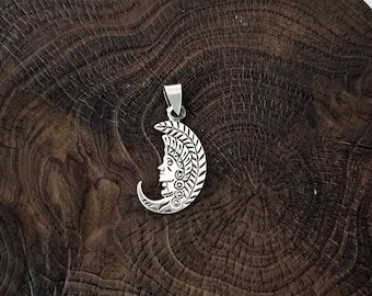 Moon Pendant, Silver Crescent Moon Pendant,Leaf, Sterling Silver Crescent Moon