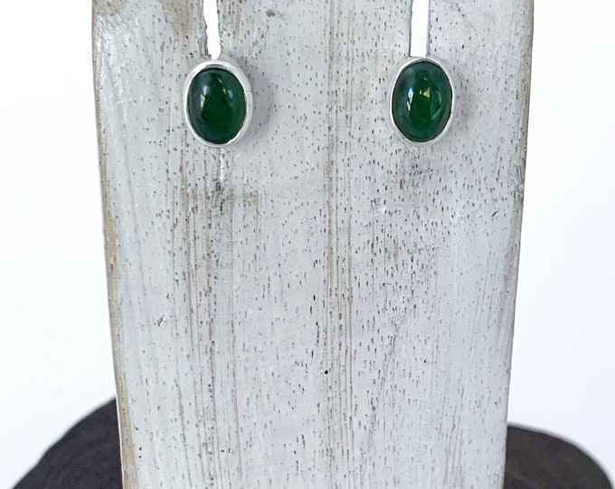 Green Jade Stud Earrings, Oval Jade Stud Earrings, Natural Stone, Gemstone, Silver 925, Silver Jade Post,