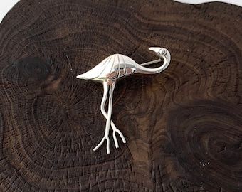 Flamingo Pin, Sterling Silver Pin, Bird Pin, Long Legs Bird, Silver Flamingo Brooch