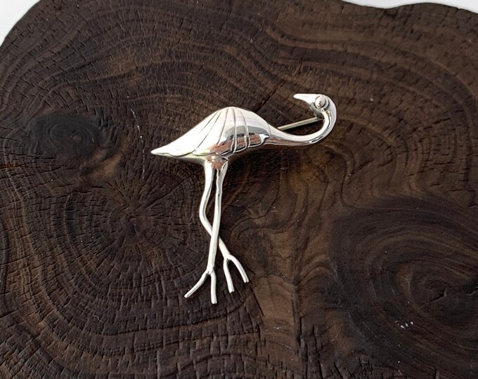 Flamingo Pin, Sterling Silver Pin, Bird Pin, Long Legs Bird, Silver Flamingo Brooch