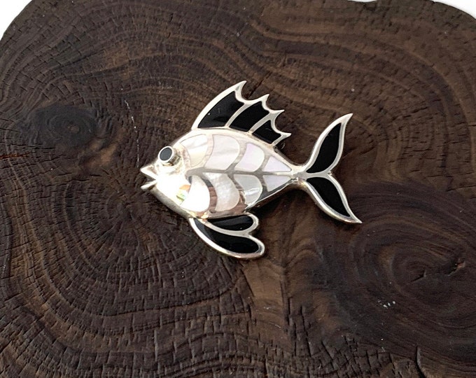 Silver Fish Brooch, Mother of Pearl and Black Shell, Sterling Silver Fish Pin, Fish Lover