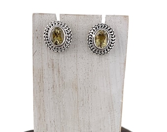 Faceted Citrine Studs Earrings, Oval Citrine Stone, Yellow Earrings, Sterling Silver 925,  Genuine Stone, Citrine Earrings