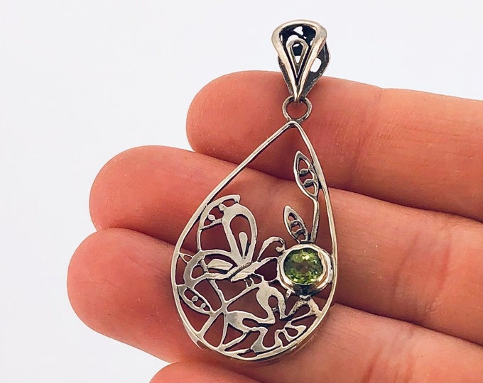 Silver Butterfly Pendant,Teardrop Butterfly Necklace, Flower, Garden Scene, Sterling Silver 925