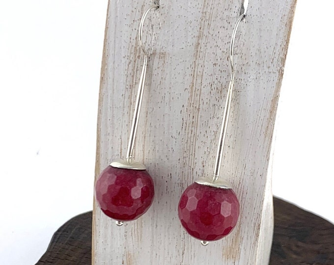 Pink Jade Earrings, Bar Pink Jade Earrings,Sphere Pink Jade Earrings, Drop Sphere Earrings,Contemporary Pink Jade