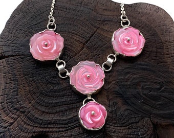 Silver Pink Flower Necklace, Sterling Silver, Pink Rose Necklace, Spring Floral Necklace, Flower Lover, Mothers Day, Sterling Silver