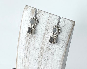 Silver Faceted  Smokey Quartz , Moonstone Stud Earrings, Sterling Silver Earrings, Brown Earrings