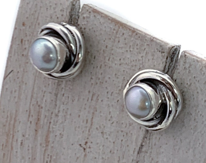 Silver Pearl Knot Earrings, Round Pearl Studs , Sterling Silver 925, Handmade Stud, Round Knotted Stud, Classic Post Pearl