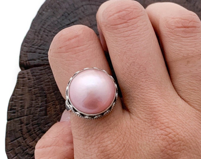 Silver Pink Pearl Ring, Silver Pink Pearl Ring, Pink Mabe Pearl Ring, Mabe Pearl, Pink Pearl Ring, Solid Silver,Size 8.5