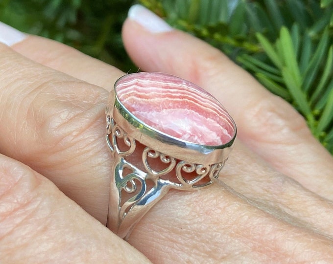 Sterling Silver Ring ,Rhodochrosite Ring, Solid Silver Pink Ring,Gemstone Ring, Silver Rhodochrosite, Oval Pink Stone Ring,Size 9