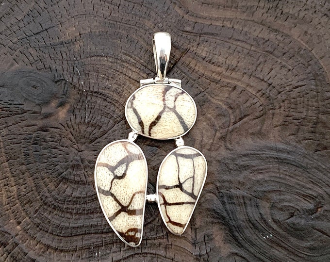 Zebra Striped Coral Pendant, Teardrop and Oval Pendant, Silver 925, Earth Tone, Original pendant