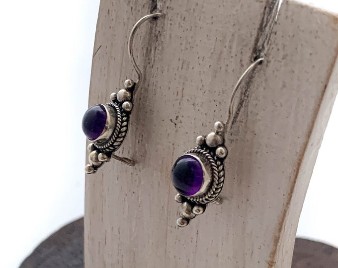 Purple Round Amethyst Earrings, Amethyst Cabochon, Silver Drop Earrings, Vintage Amethyst Earrings, Amethyst Birthstone