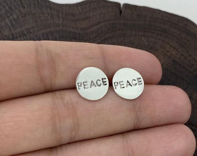 Peace Stud, Peace Name Engraved, Round Sterling Silver Earring,Peace Stud Earrings, Minimalist, Silver Peace