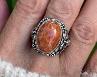 Snake Agate Ring, Silver Snake Agate, Ornate Silver Ring, Sterling Silver Ring