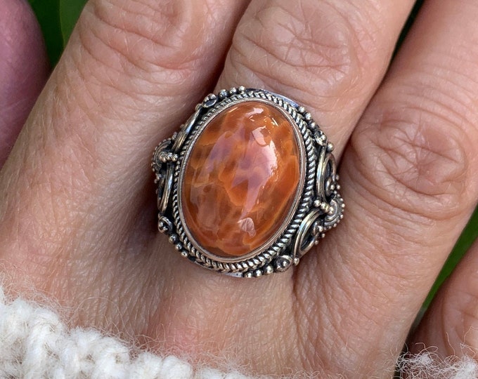 Snake Agate Ring, Silver Snake Agate, Ornate Silver Ring, Sterling Silver Ring