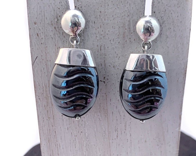 Hematite Earrings, Silver Hematite Stud  Dangle Earrings, Dark Grey Earrings, Silver 925