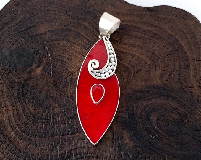 Red Coral Leaf Pendant, Original Pendant, Red Necklace, Sterling Silver 925,Red Coral Jewellery