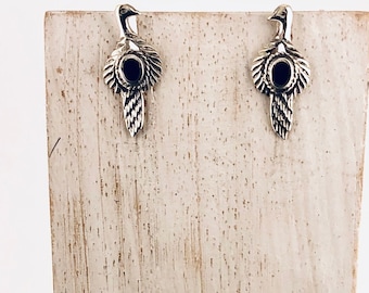 Bird Earrings, Bird Black Shell Stud Earrings, Bird Lover, Sterling Silver Bird Post,Bird Stud,Silver Bird