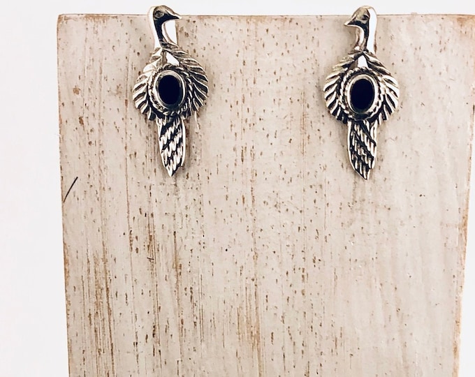 Bird Earrings, Bird Black Shell Stud Earrings, Bird Lover, Sterling Silver Bird Post,Bird Stud,Silver Bird
