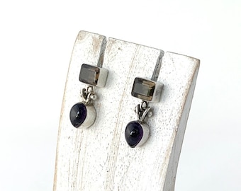 Amethyst & Smoky Quartz Stud Earrings, Sterling Silver 925, Cabochon Amethyst, Faceted Smokey,Genuine Stone