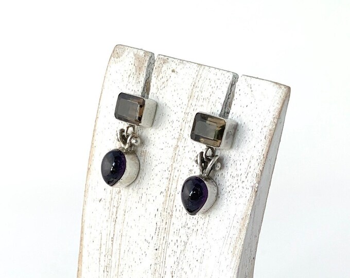 Amethyst & Smoky Quartz Stud Earrings, Sterling Silver 925, Cabochon Amethyst, Faceted Smokey,Genuine Stone