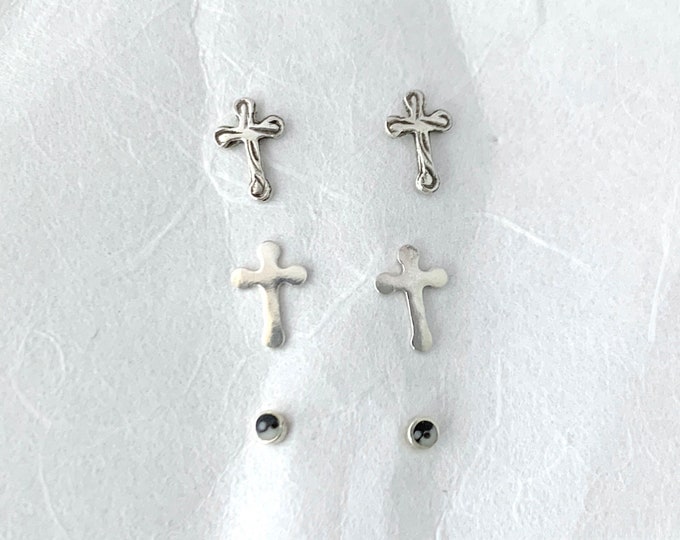 Cross with lines, plain cross, yin yang, yin-yang, yinyang sterling silver, 3 three pairs minimal jewellery