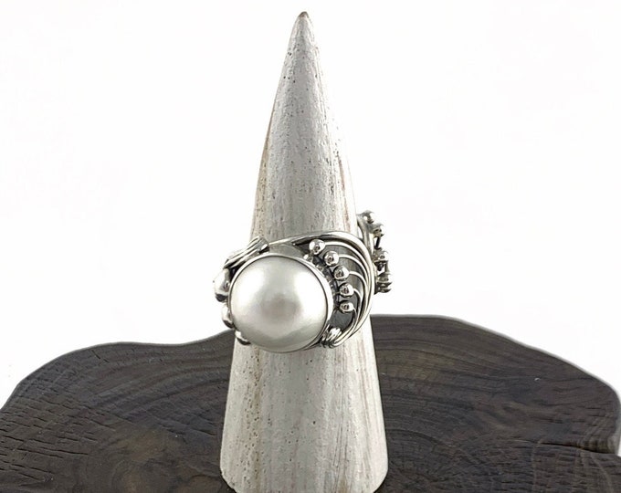 Mabe Pearl Ring with Silver Ball, Adjustable Pearl ring ,Sterling Silver Pearl Ring,Unique design, Pearl Silver Ring,