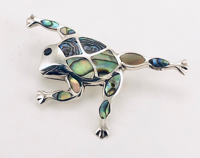 Abalone Shell Frog Brooch, Shell Frog Pin, Sterling Silver Frog, Silver Abalone Frog, Reptile Pin,Climbing Frog