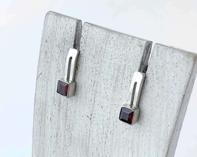 Silver Garnet Studs, Faceted Garnet Earrings, Square Garnet, Sterling Silver Stud Garnet, Minimalist Jewellery, Dainty Garnet, Birthstone