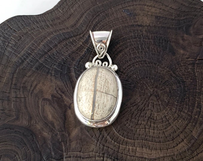 Wood Fossil Pendant, Petrified Wood Jewelry, Sterling Silver Oval Pendant ,Beige Colour, Earth Tone, Silver Pendant