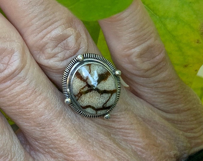 Zebra Striped Coral Ring, Oval Striped Coral Ring, Zebra Stripes Ring,Adjustable Ring, Sterling Silver 925, Earth Tone