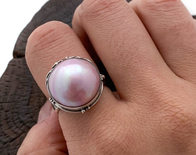 Silver Pink Pearl Ring, Silver Dyed Pink Mabe Pearl Ring, Pink Mabe Pearl Ring, Mabe Pearl, Pink Pearl Ring, Solid Silver,