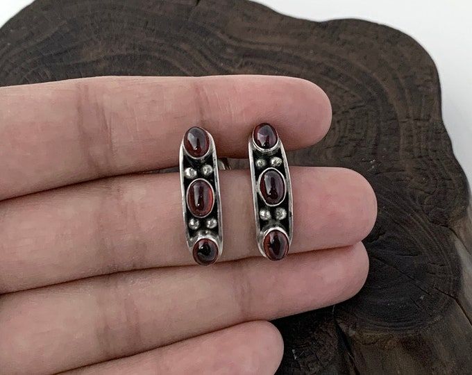 Garnet Cabochon Earrings, Sterling Silver Garnet Stud Earrings, Birthstone Earrings, Red Stone Earrings