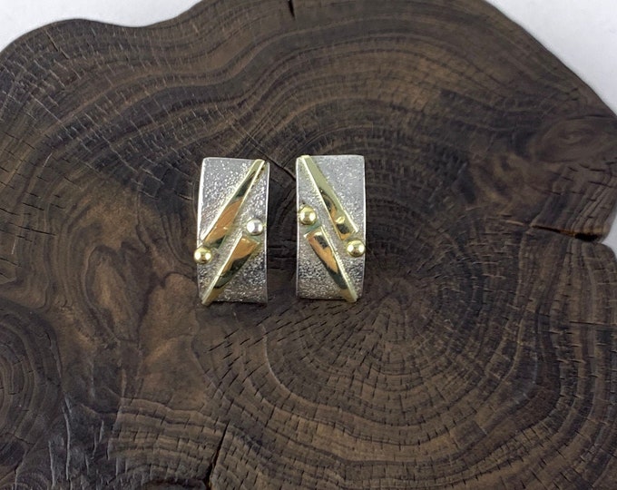 Brushed Silver/ 18 K Vermeil Rectangular Earrings , Gold Plated on Silver, Sterling Silver 925