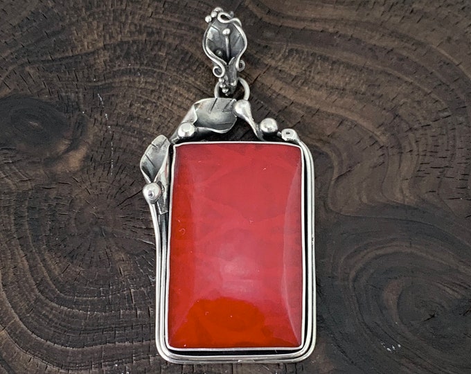 Red Coral  Pendant, Stunning Rectangular Pendant, Silver Leaf Frame, Leaf Pendant, Leaf Bale, Rectangle necklace