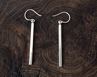 Minimalist Silver Bar, Rectangle Bar Hook Earrings, Sterling Silver Minimal ,Long Geometric Bar Dangle, Drop Earrings