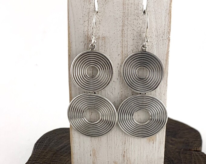 Silver Dangle Earrings, Silver Coiled Earrings, Double Circle Drop Earrings,Chunky Earrings,Stunning Silver Earring