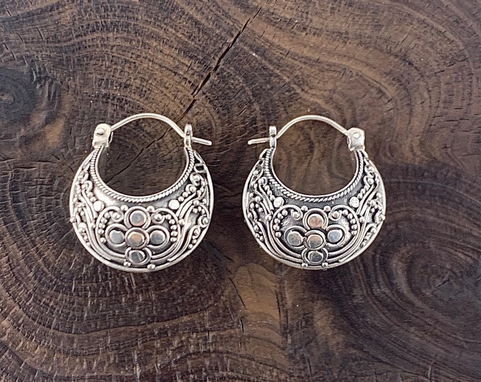 Silver Crescent Earrings,Ornate Silver Crescent Earrings, Sterling Silver 925,Silver Hoop