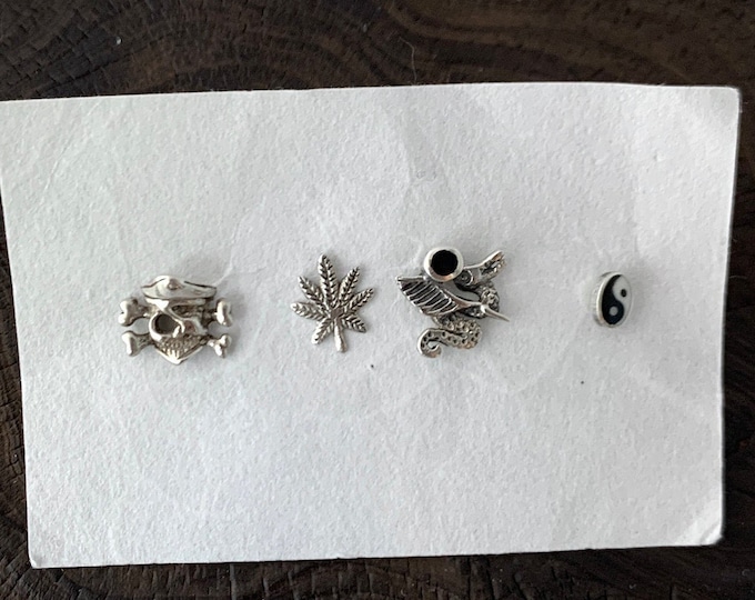 Mix And Match Studs,Pirate Skull and Crossbones, Marijuana Leaf, Dragon with Onyx, Yin Yang Oval, Sterling Silver Studs.