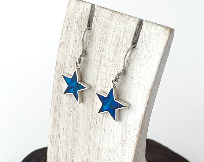 Blue Paua Shell Earrings, Sterling Silver Star Shaped Earrings,Celestial Earrings, Star Earrings, Blue Star,Dangle Star,Silver Star Earring