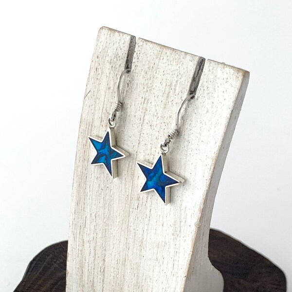 Blue Paua Shell Earrings, Sterling Silver Star Shaped Earrings,Celestial Earrings, Star Earrings, Blue Star,Dangle Star,Silver Star Earring