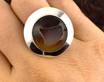 Jewels House Shiny Blue Goldstone Oval Gemstone Silver Plated Handmade Statement Flower Ring US-7.5