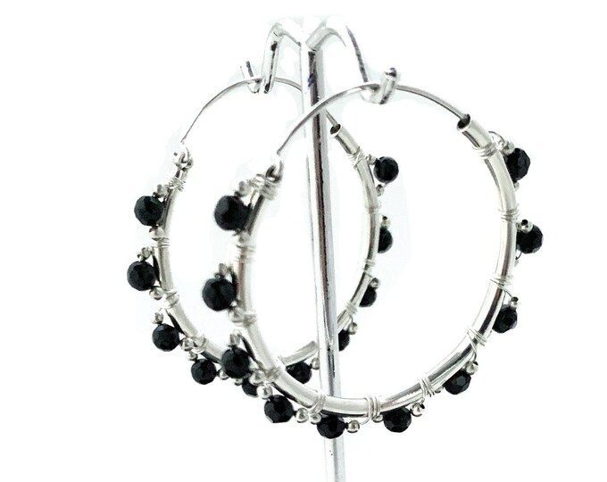 Large Hoop, Hoop Silver Earrings, Round Onyx Ball Hoop,  Sterling Silver Hoop, 4 cm Diameter
