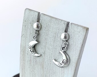 Dangle Crescent Moon, Celestial Earrings, Silver Crescent Stud Earrings