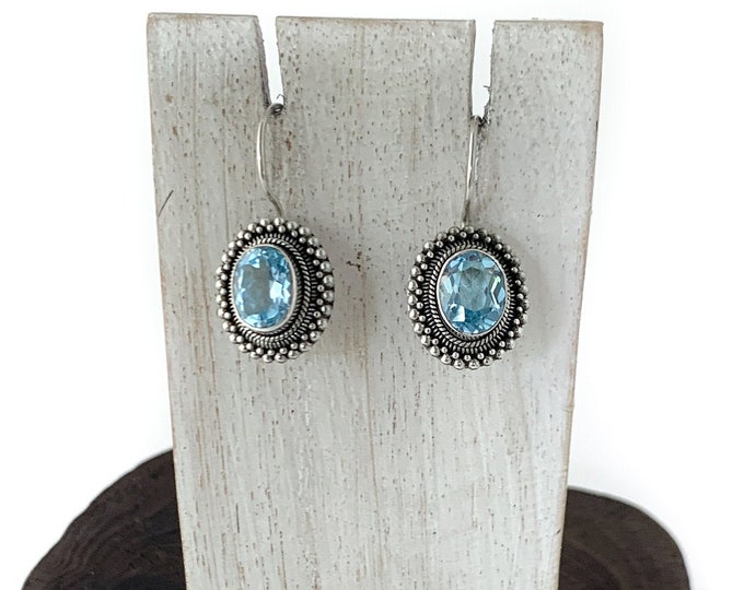 Blue Topaz Earrings, Stunning Sterling Silver Earrings, Genuine Stone, Silver Blue Earrings, Oval Blue Topaz Earrings