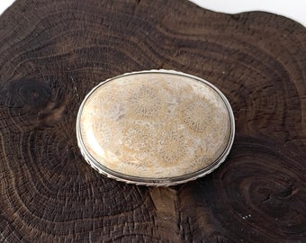 Fossil Coral Stone Brooch, Beige Pin, Natural Stone, Handmade, Fossil Brooch,Fossilized Stone Brooch