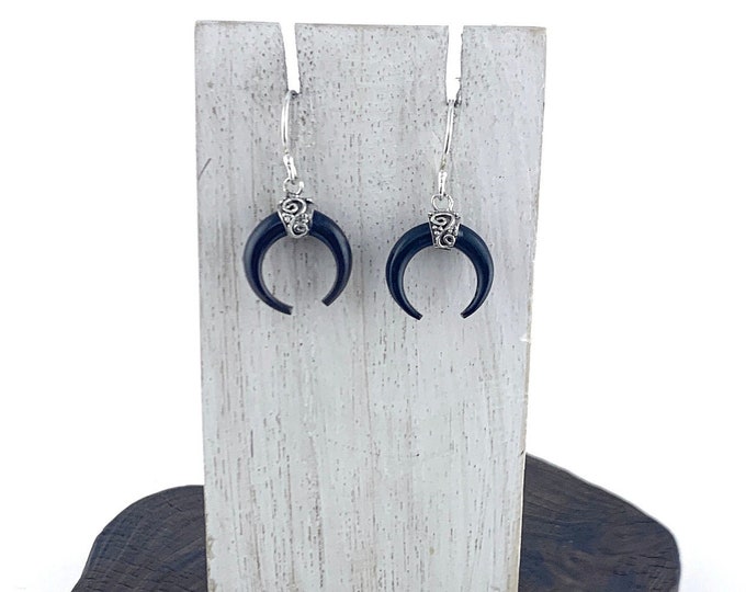 Small Crescent Moon Earrings, Black Horn Earrings, Buffalo Horn Jewelry, Silver 925