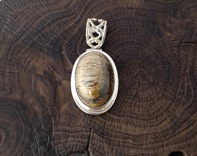 Wood Fossil Pendant, Petrified Wood Jewellery, Sterling Silver Oval Pendant, Brown Pendant, Silver Pendant