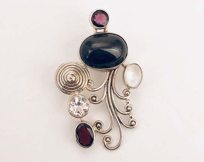 Cat Eye Pendant, Garnet, Rainbow Moonstone, Sterling Silver Pendant,Original Jewellery, Mix Stone Pendant,Stunning Pendant